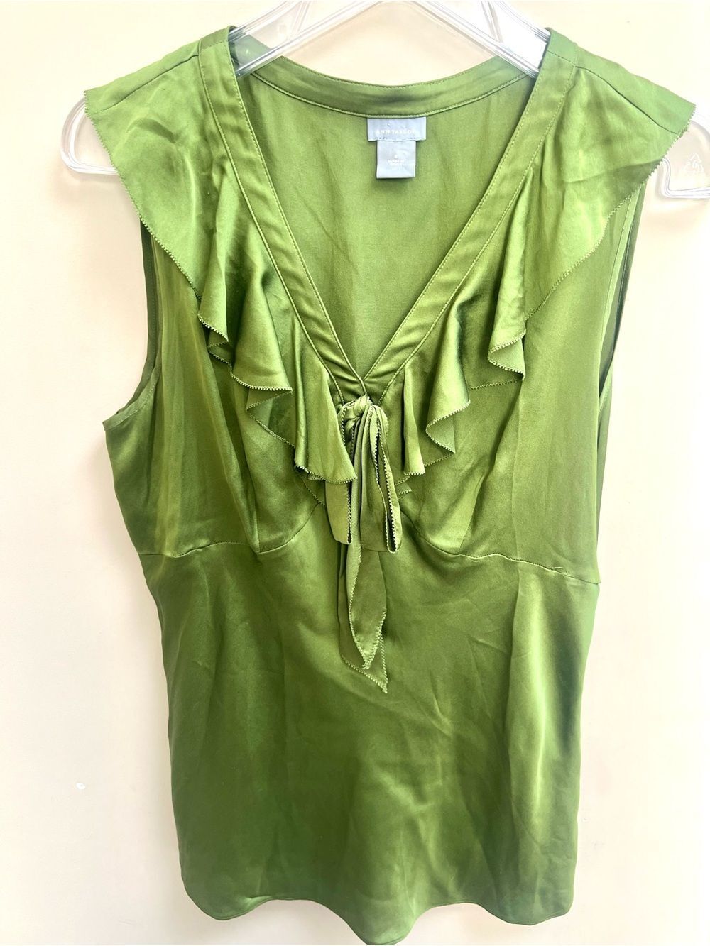Ann Taylor Green silk Ruffle Tie-Front Sleeveless Blouse 8